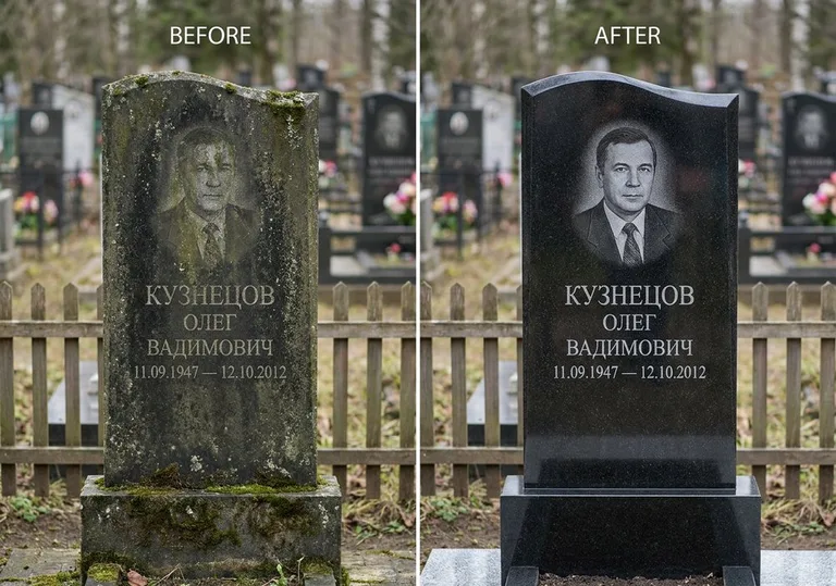 Реставрация гранитного памятника: до и после чистки и полировки в Альметьевске