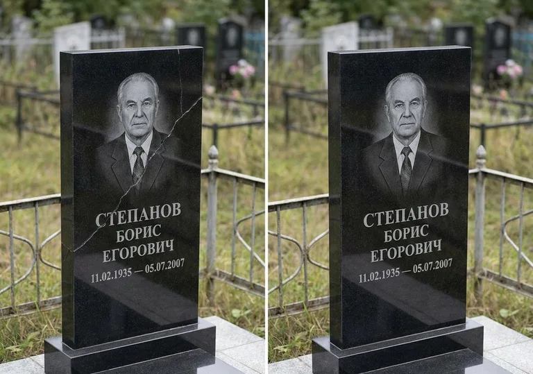 Восстановление надписи и портрета на памятнике: до и после в Альметьевске