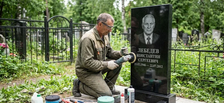 Реставрация памятника в Альметьевске — восстановление гранита, заделка трещин и обновление надписей на кладбище