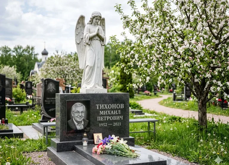 Мраморный молящийся ангел на гранитном памятнике весной в Альметьевске