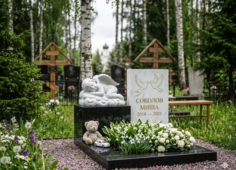 Белый ангелочек на детском памятнике в Альметьевске