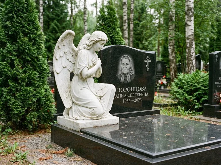 Белый мраморный ангел на гранитном памятнике в Альметьевске