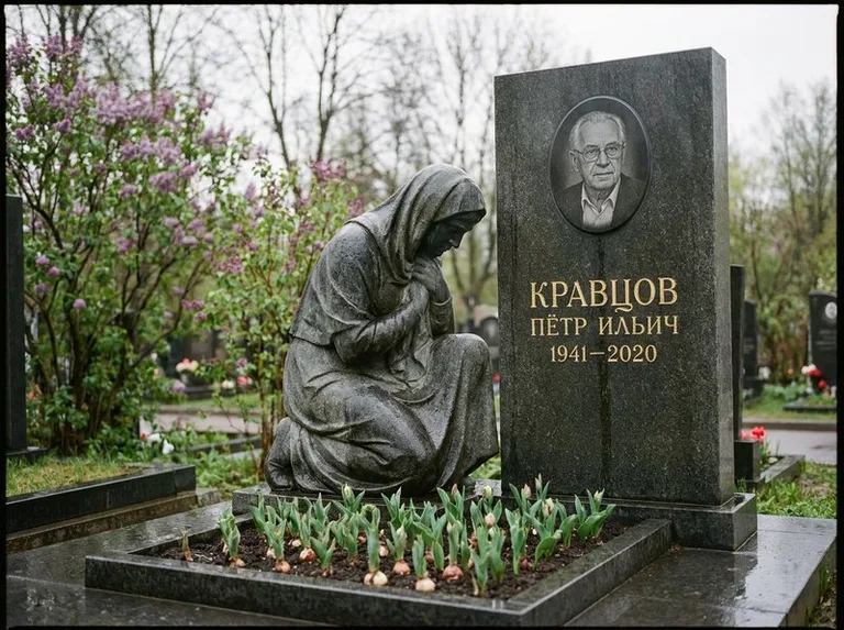 Гранитная скорбящая фигура у стелы на кладбище в Альметьевске