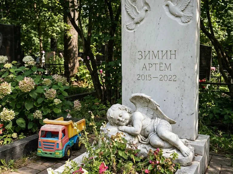 Спящий ангелочек на детском памятнике в Альметьевске
