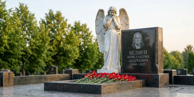 Скульптура на памятник в Альметьевске — мраморный ангел на гранитном мемориале