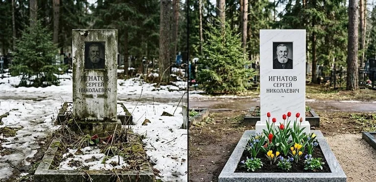Диптих №6: высадка хризантем у подножия серого гранита — до и после уборки в Альметьевске
