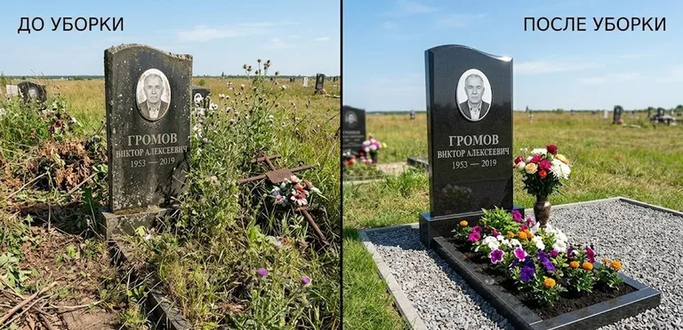 Уборка участка с обелиском до и после в Альметьевске