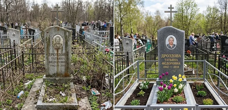 Диптих №4: свежепокрашенная серебром оградка и отмытый красный гранит — до и после в Альметьевске