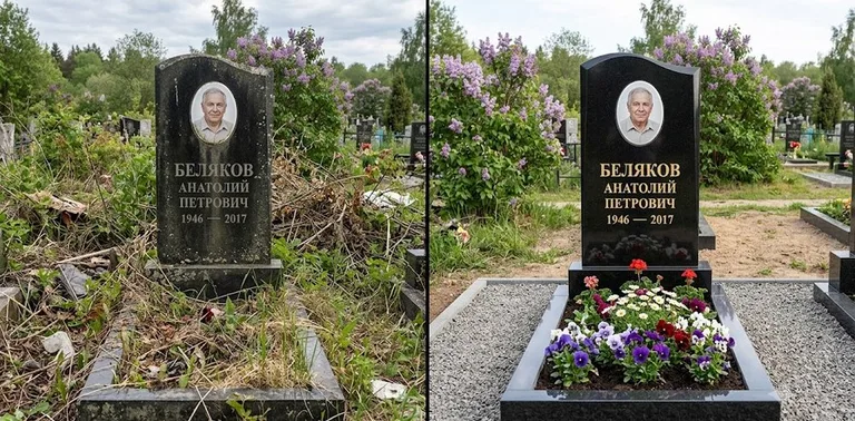 Уборка могилы до и после весной — цветущая сирень в Альметьевске