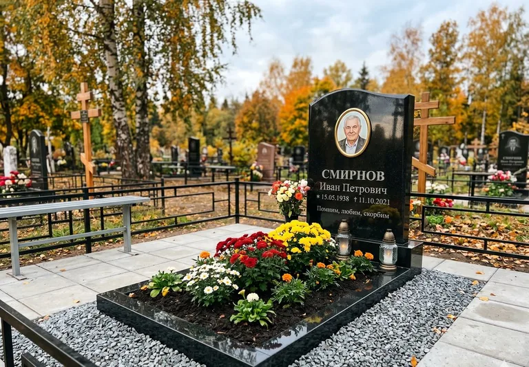 Ухоженная могила после уборки и мойки памятника в Альметьевске