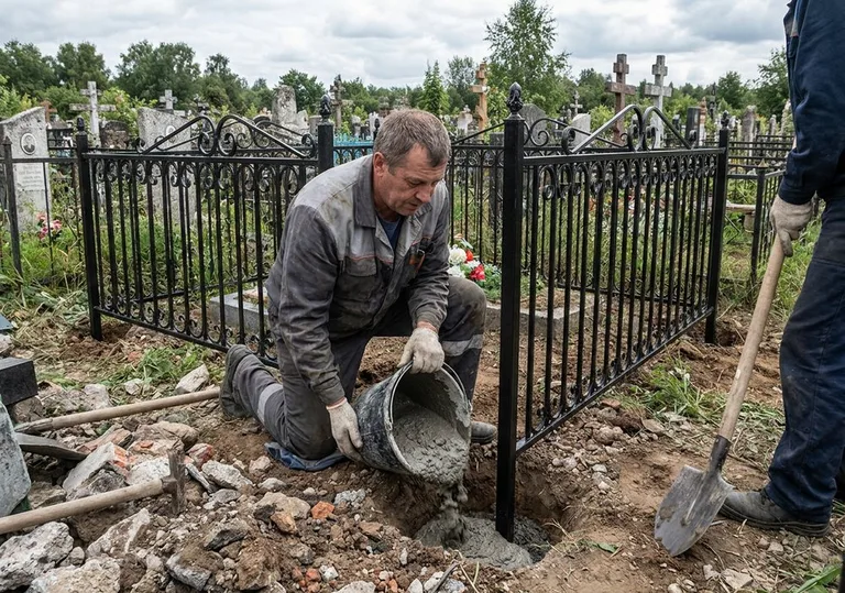 Установка ограды бетонированием ножек в грунт в Альметьевске