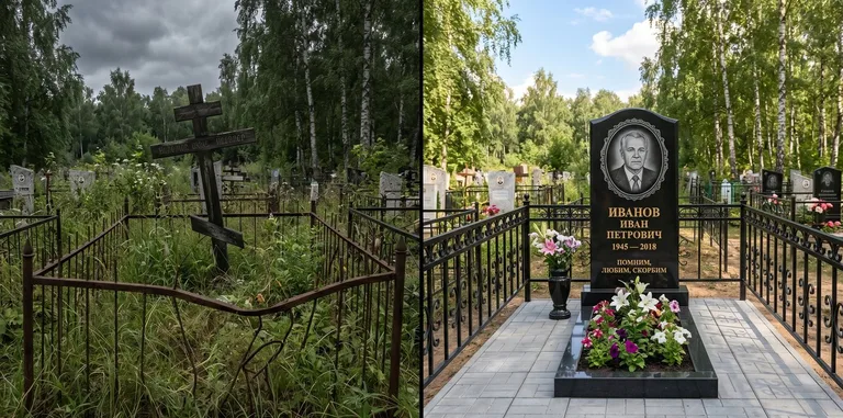 Благоустройство могилы до и после установки памятника в Альметьевске