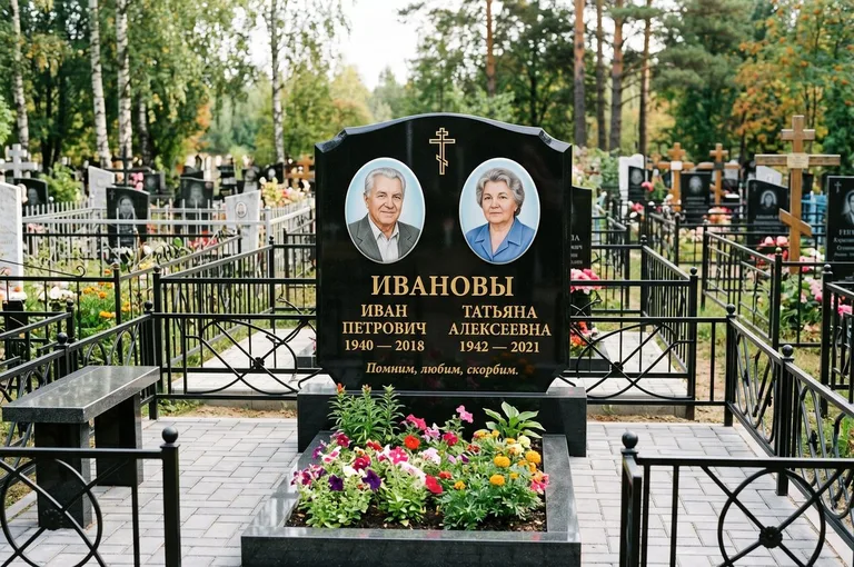 Установка памятника на бетонное основание с цоколем и цветником в Альметьевске