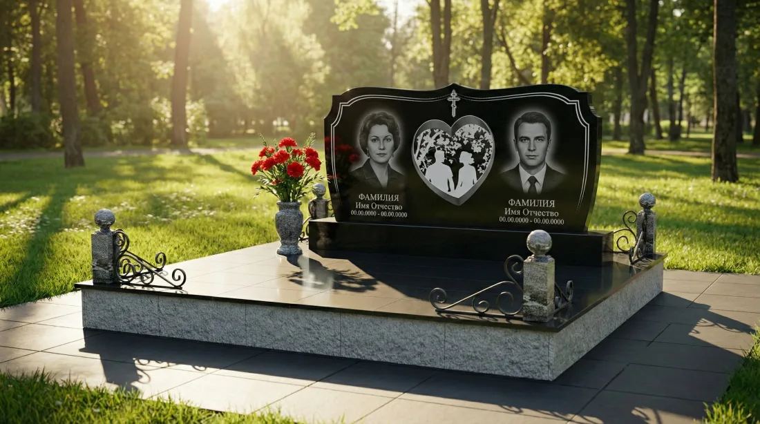 Памятник родителям из чёрного гранита, два портрета, сердце с цветами и крестом, кованая оградка Памятник родителям из чёрного гранита, два портрета, сердце с цветами и крестом, кованая оградка