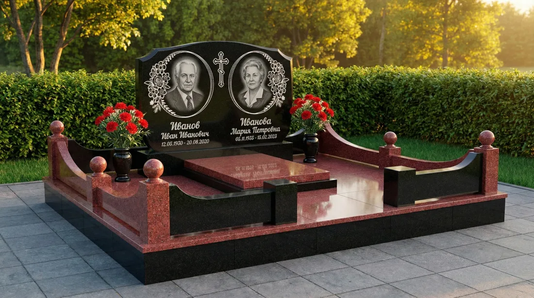 Памятник родителям из чёрного гранита, два портрета в овальных рамках с цветами, крест, гранитная ограда Памятник родителям из чёрного гранита, два портрета в овальных рамках с цветами, крест, гранитная ограда