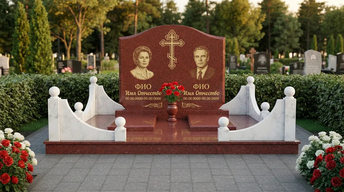 Памятник родителям из чёрного гранита, два портрета, резной крест по центру, гранитная оградка Памятник родителям из чёрного гранита, два портрета, резной крест по центру, гранитная оградка