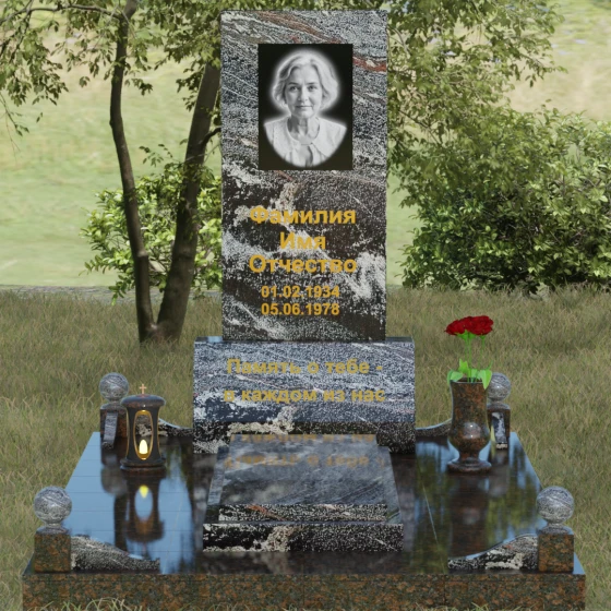 Вертикальный гранитный мемориал со строгими линиями и шарами, гранит амфиболит, вид 2
