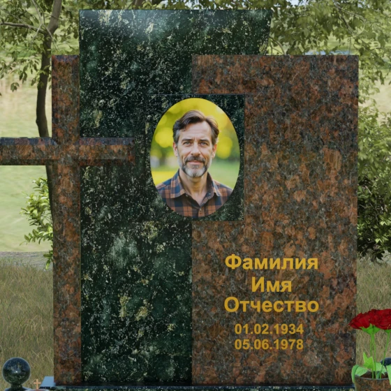 Комбинированный гранитный монумент с крестом, гранит Балтик грин