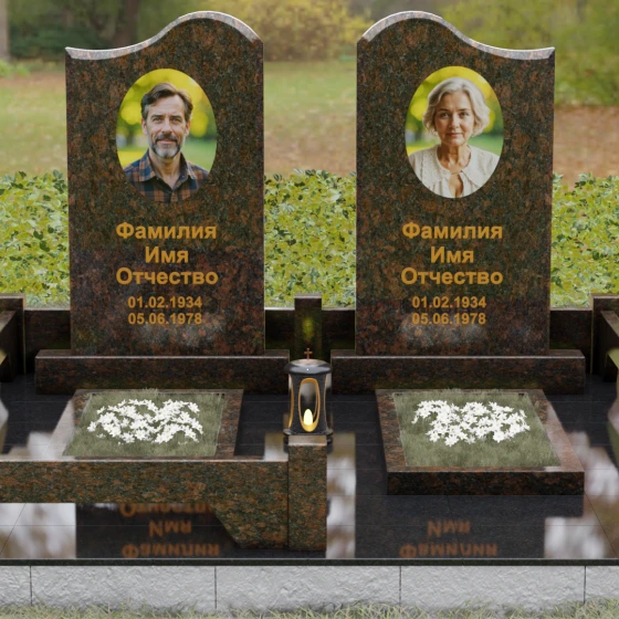 Памятник гранитный двойной с волнообразным верхом, гранит Дымовский, вид 2