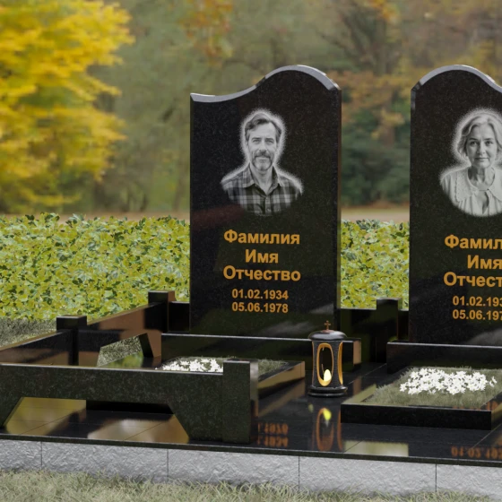 Памятник гранитный двойной с волнообразным верхом, гранит Габбро-диабаз, вид 4