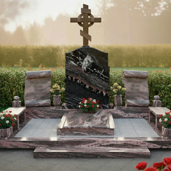 Памятник с православным крестом и свитками, гранит амфиболит