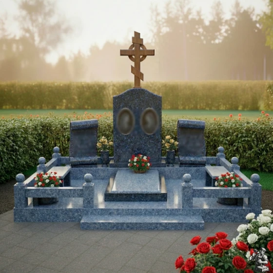 Памятник с православным крестом и свитками, гранит Блю Перл