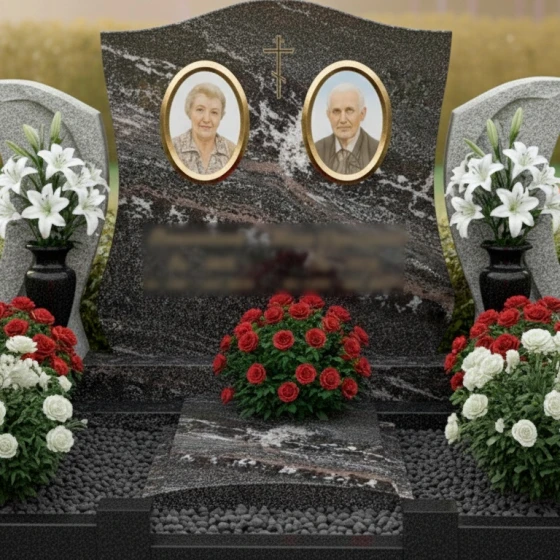 Гранитный памятник с аркой и крестом на могилу, гранит амфиболит