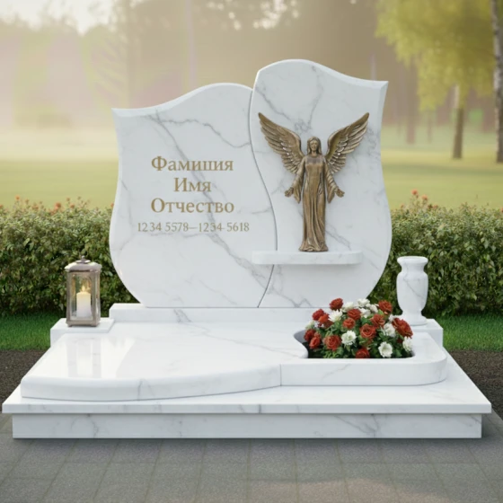Комбинированный памятник со статуей ангела и цветником, мрамор Тассос