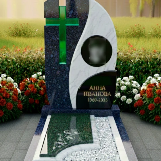 Комбинированный памятник с волной и крестом, гранит Блю Перл