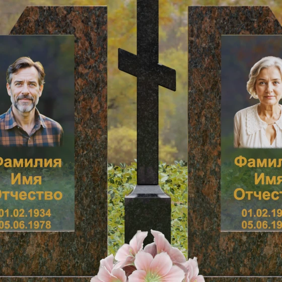 Гранитный памятник с православным крестом и стеклом, гранит Дымовский