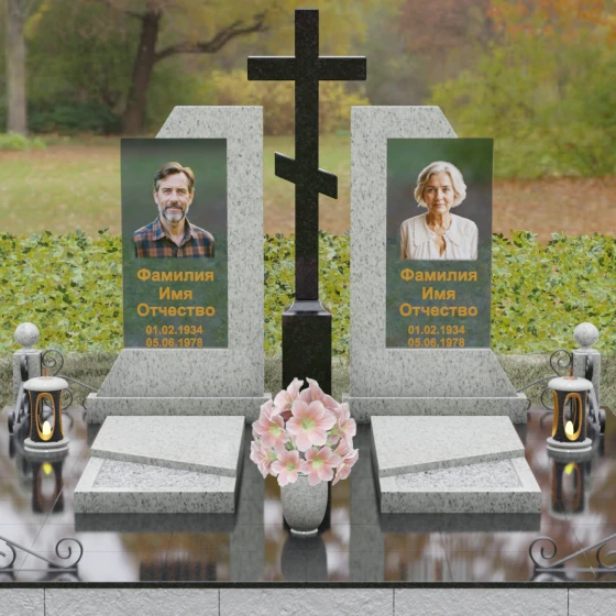 Гранитный памятник с православным крестом и стеклом, гранит Мансуровский, вид 2