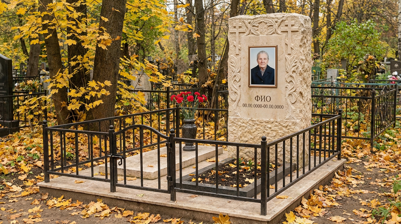 Пример дизайна: Памятник из светлого известняка с цветами