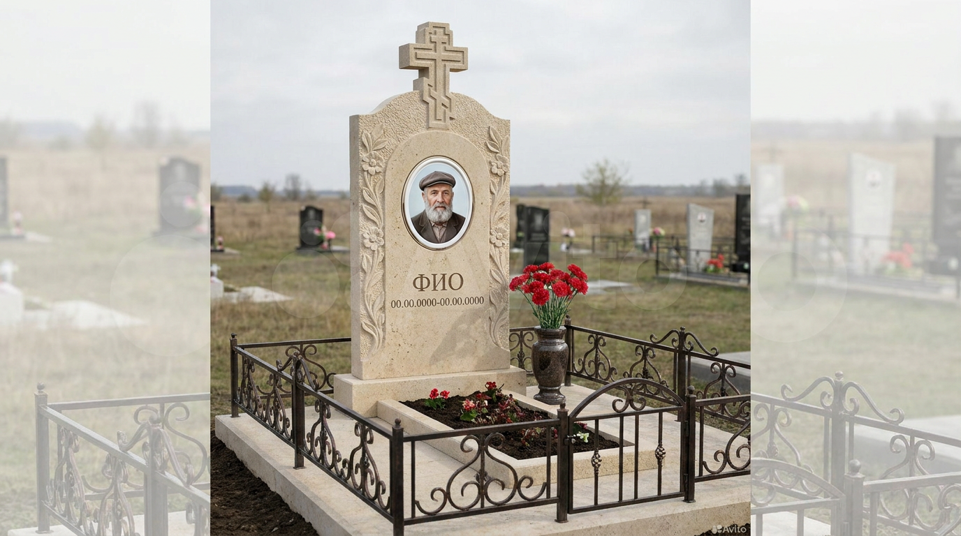 Пример дизайна: Памятник из известняка арочной формы с цветами