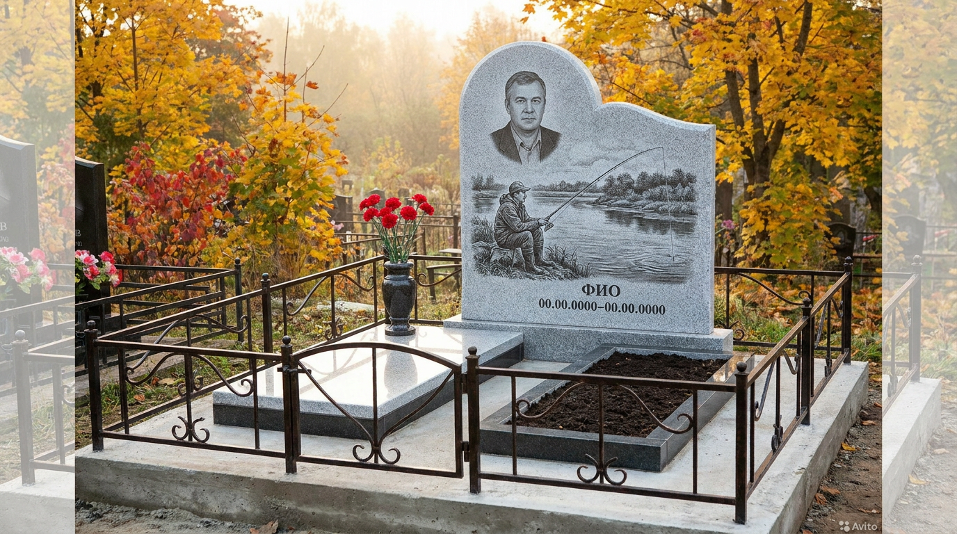 Пример дизайна: Гранитный памятник рыбаку с резным сердцем со щукой