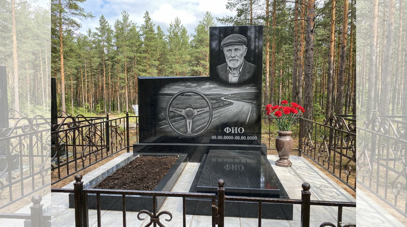 Пример дизайна: Гранитный памятник дальнобойщику в виде глыбы с гравировкой грузовика