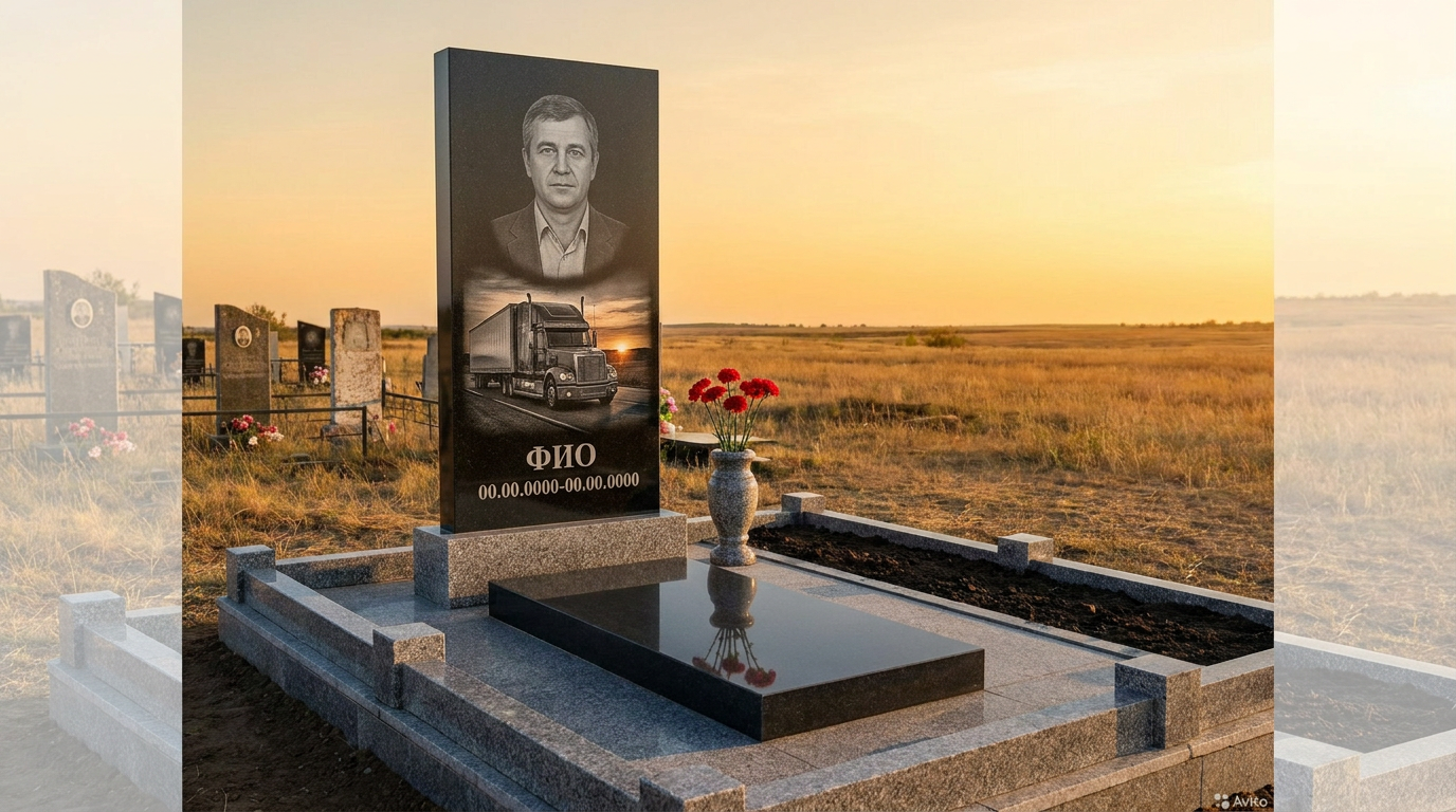 Пример дизайна: Гранитный памятник дальнобойщику с трассой