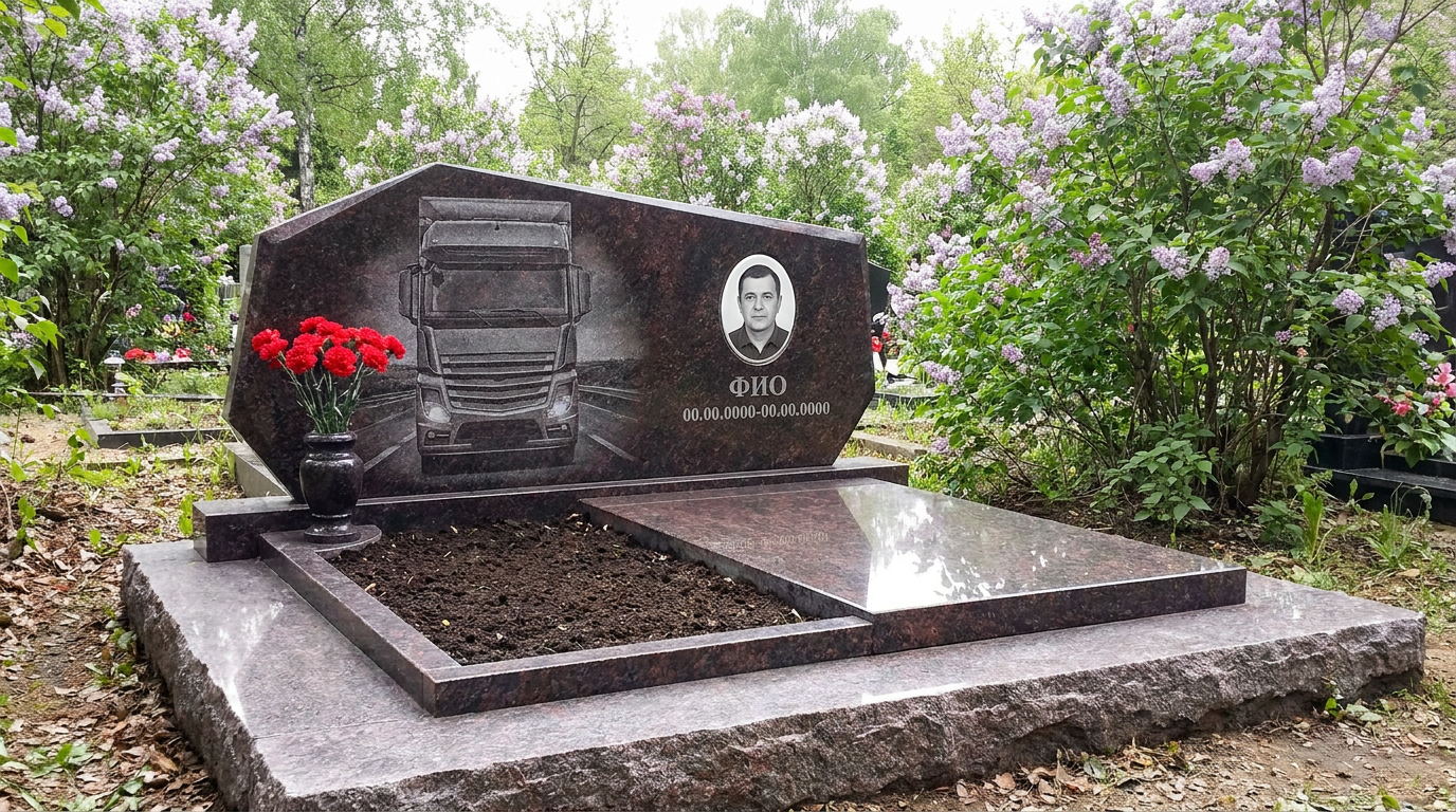 Пример дизайна: Гранитный памятник дальнобойщику из цельной глыбы с автопоездом