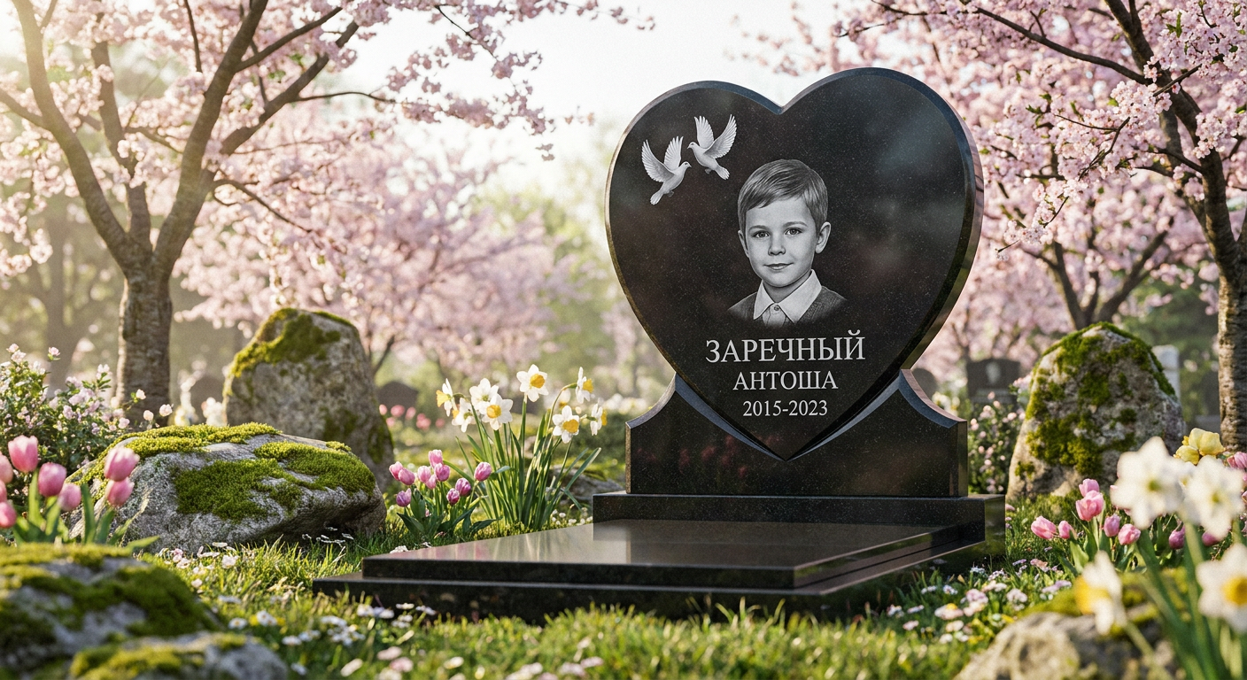 Пример дизайна: Детский памятник-сердце с голубями