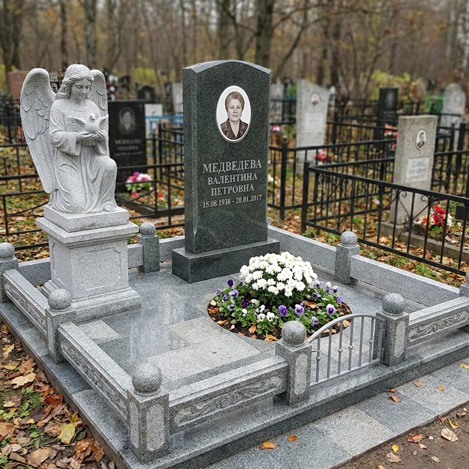 Пример дизайна: Памятник со скульптурой ангела из серо-зелёного гранита — фото и цена