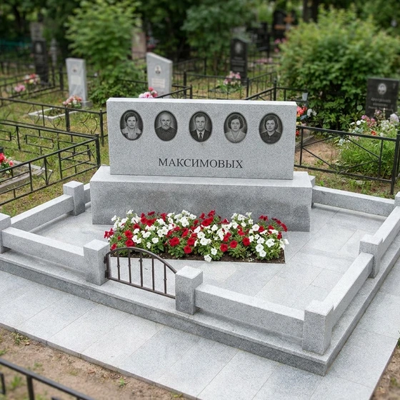 Семейный памятник из серого гранита на пять человек