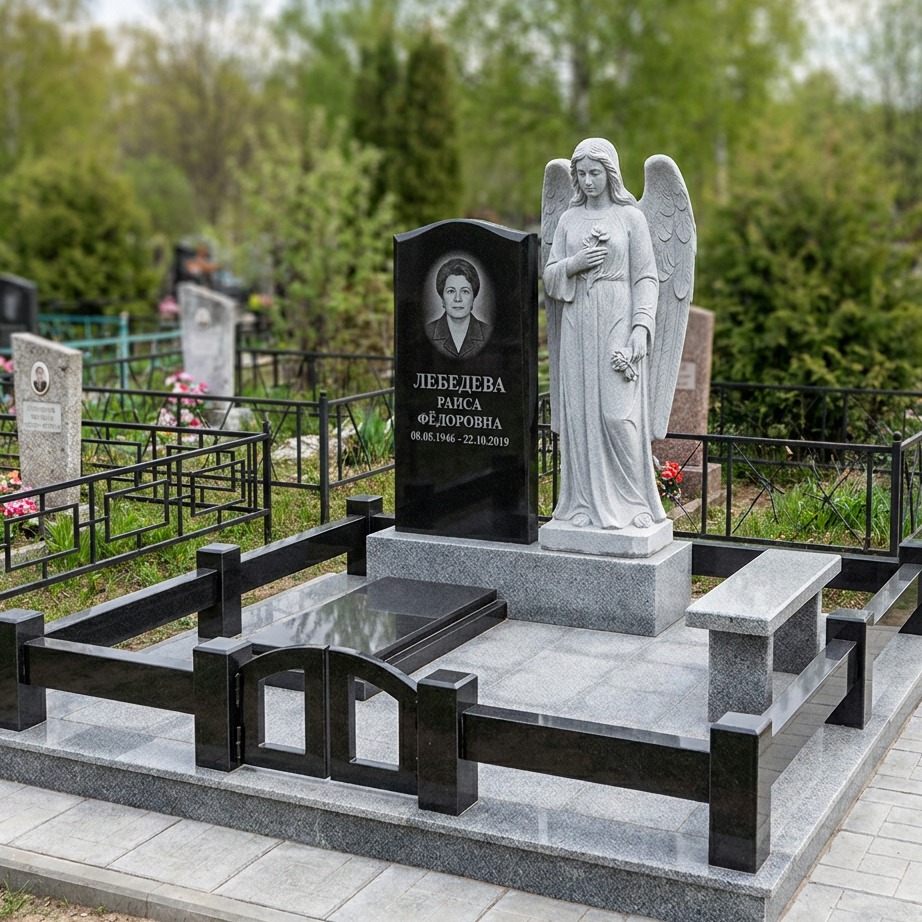 Пример дизайна: Высокий памятник из чёрного гранита со скульптурой ангела — фото и цена