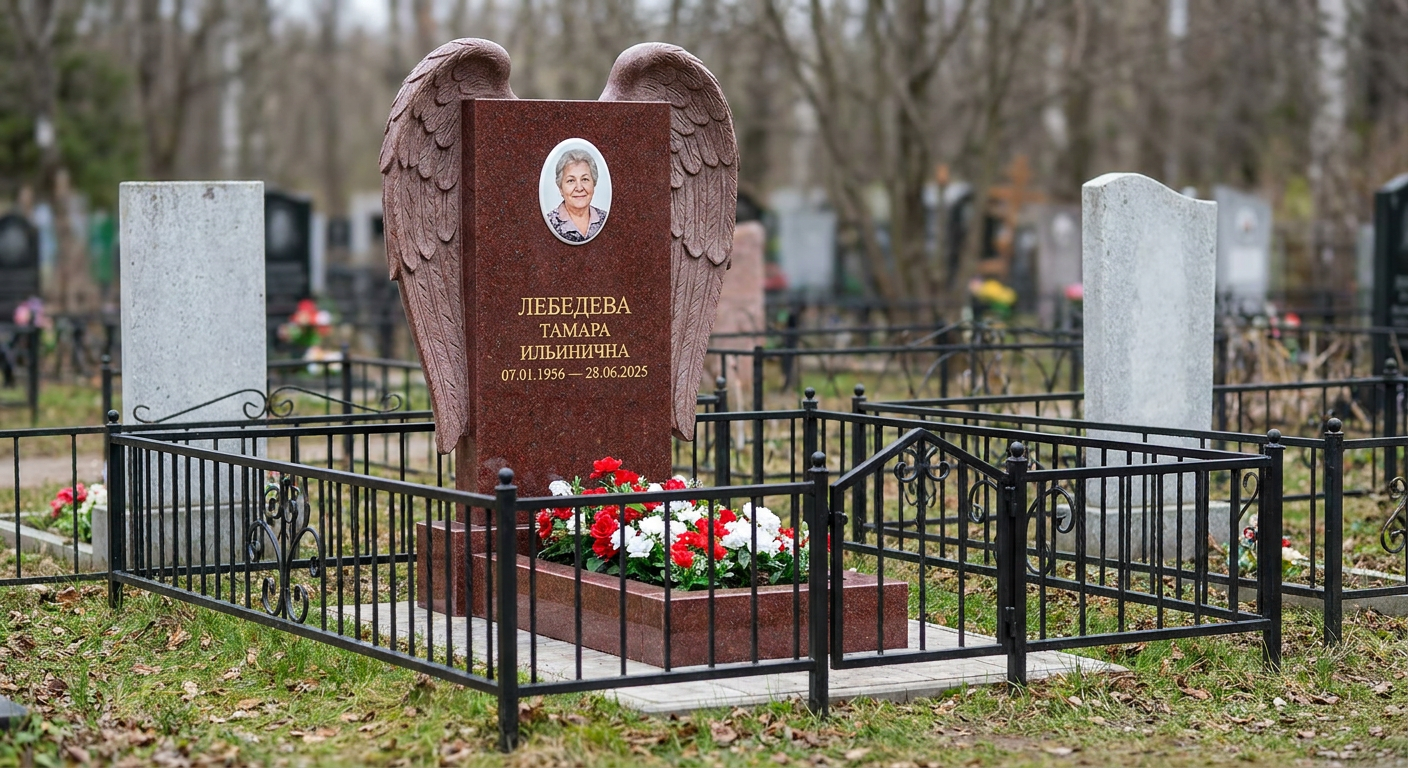Пример дизайна: Мемориал с крыльями ангела из красного гранита