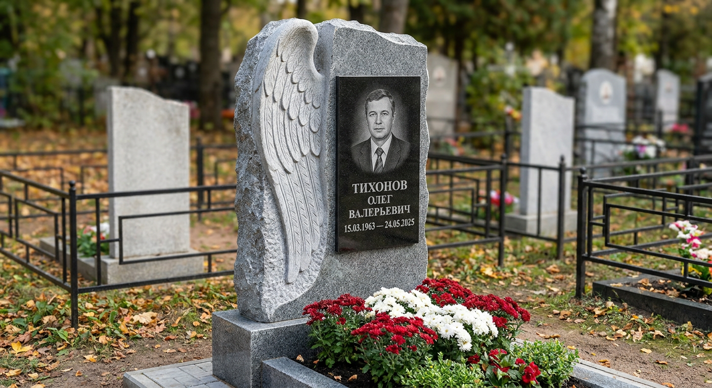 Пример дизайна: Мемориал с крылом ангела из серого гранита