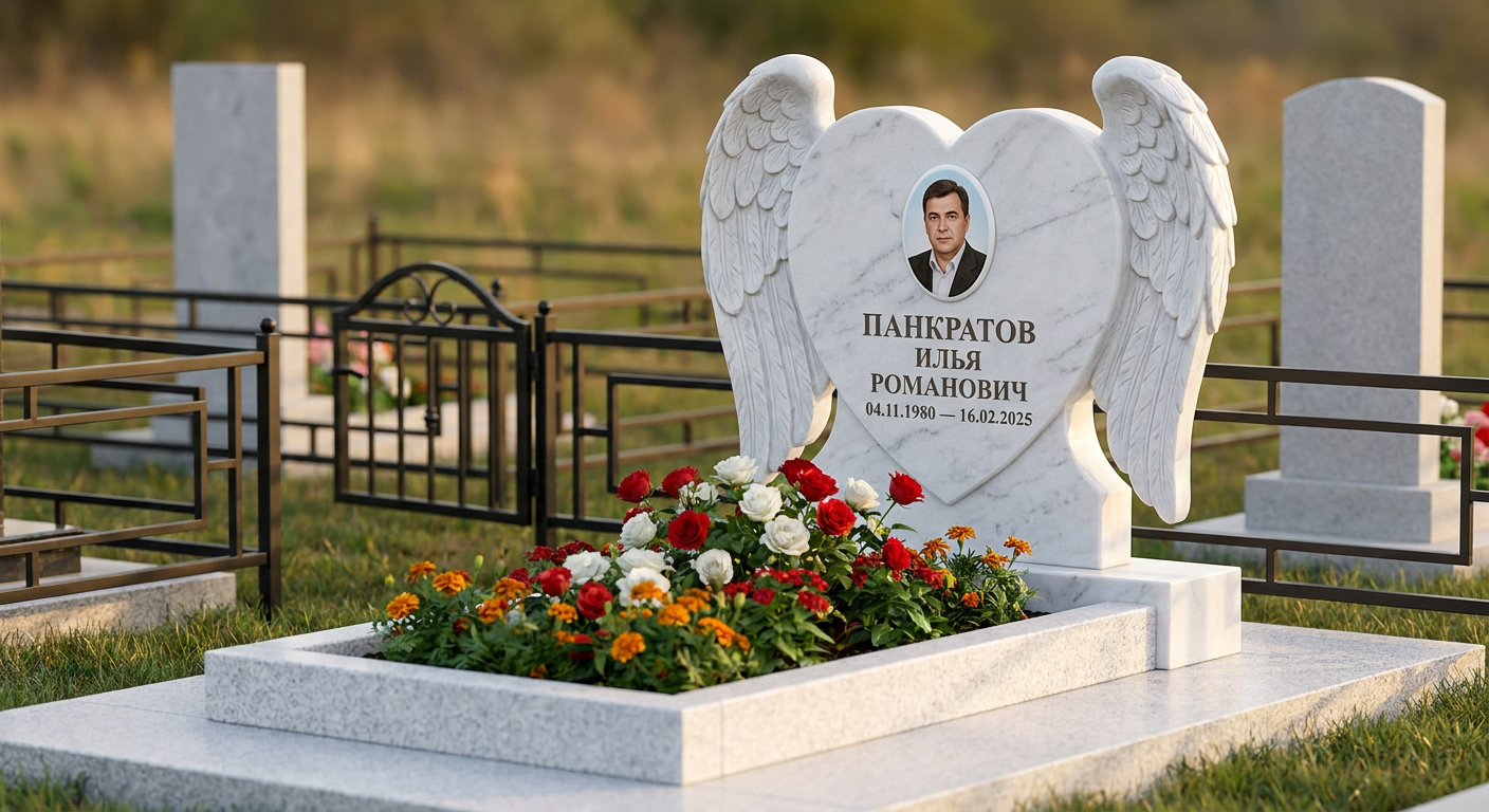 Пример дизайна: Мемориал с сердцем в крыльях из белого мрамора
