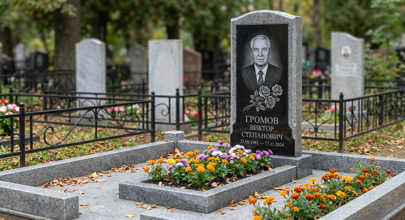 Пример дизайна: Мемориал с розой и портретом из мансуровского гранита