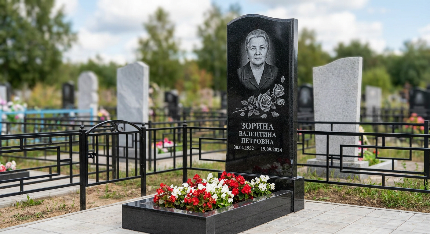Пример дизайна: Мемориал с розой из черного гранита габбро-диабаз