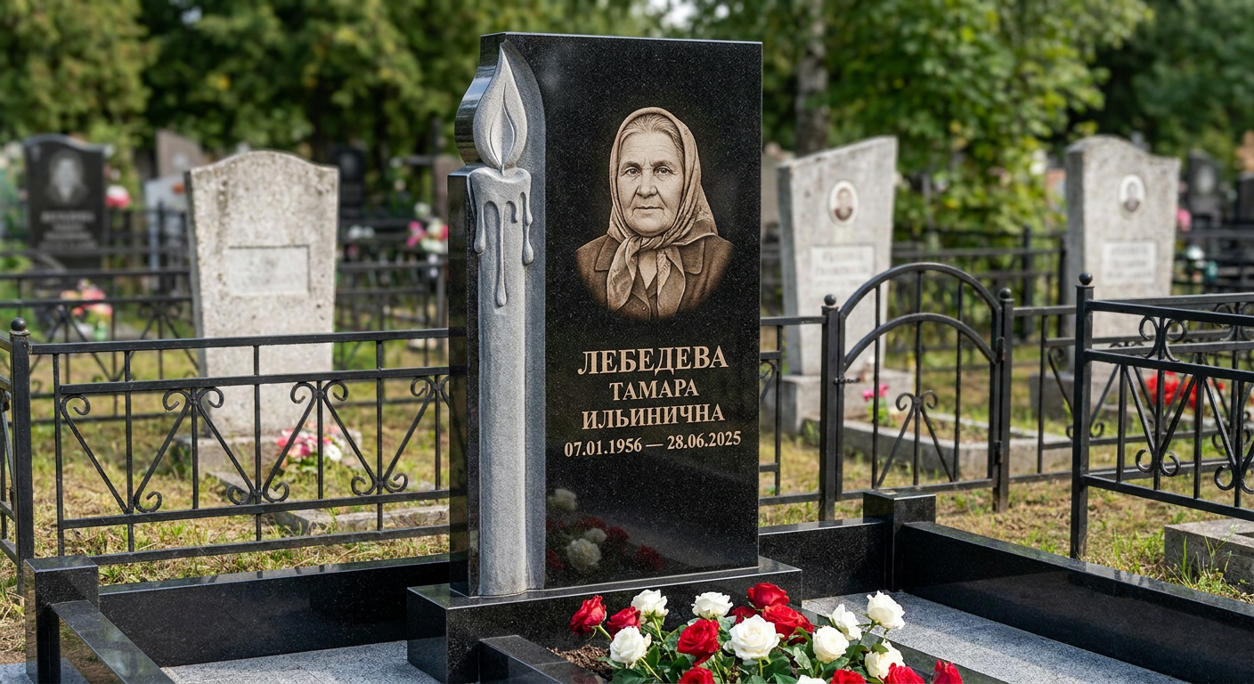 Пример дизайна: Мемориал с высеченной свечой из черного габбро-диабаза