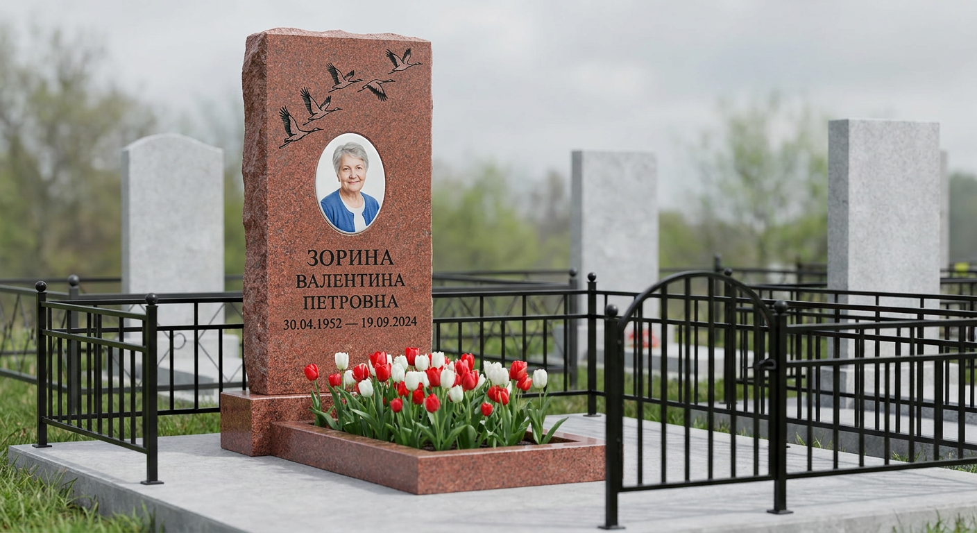 Пример дизайна: Мемориал с журавлиным клином из красного гранита Лезниковский