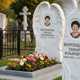 Памятник с крылом ангела из белого мрамора с фотопортретом