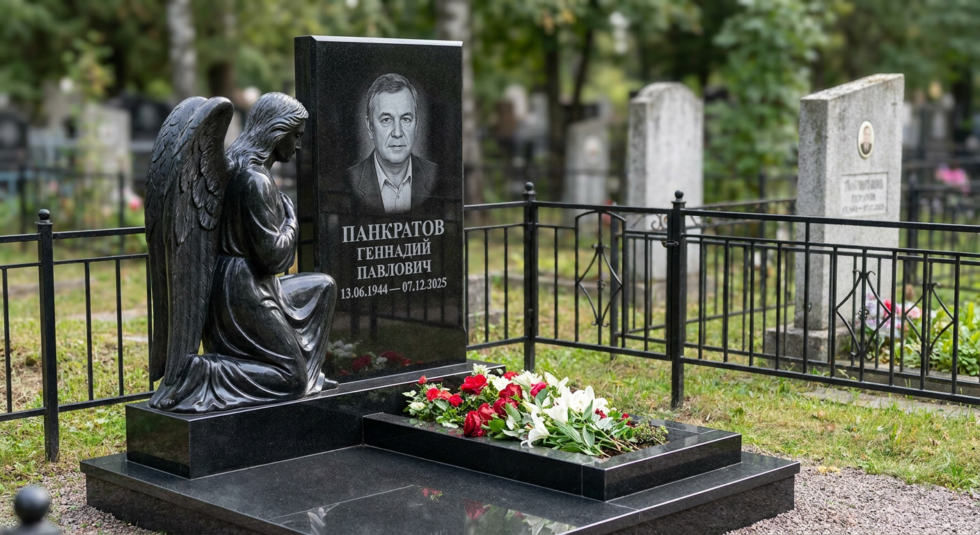 Пример дизайна: Памятник с коленопреклоненным ангелом из черного габбро-диабаза